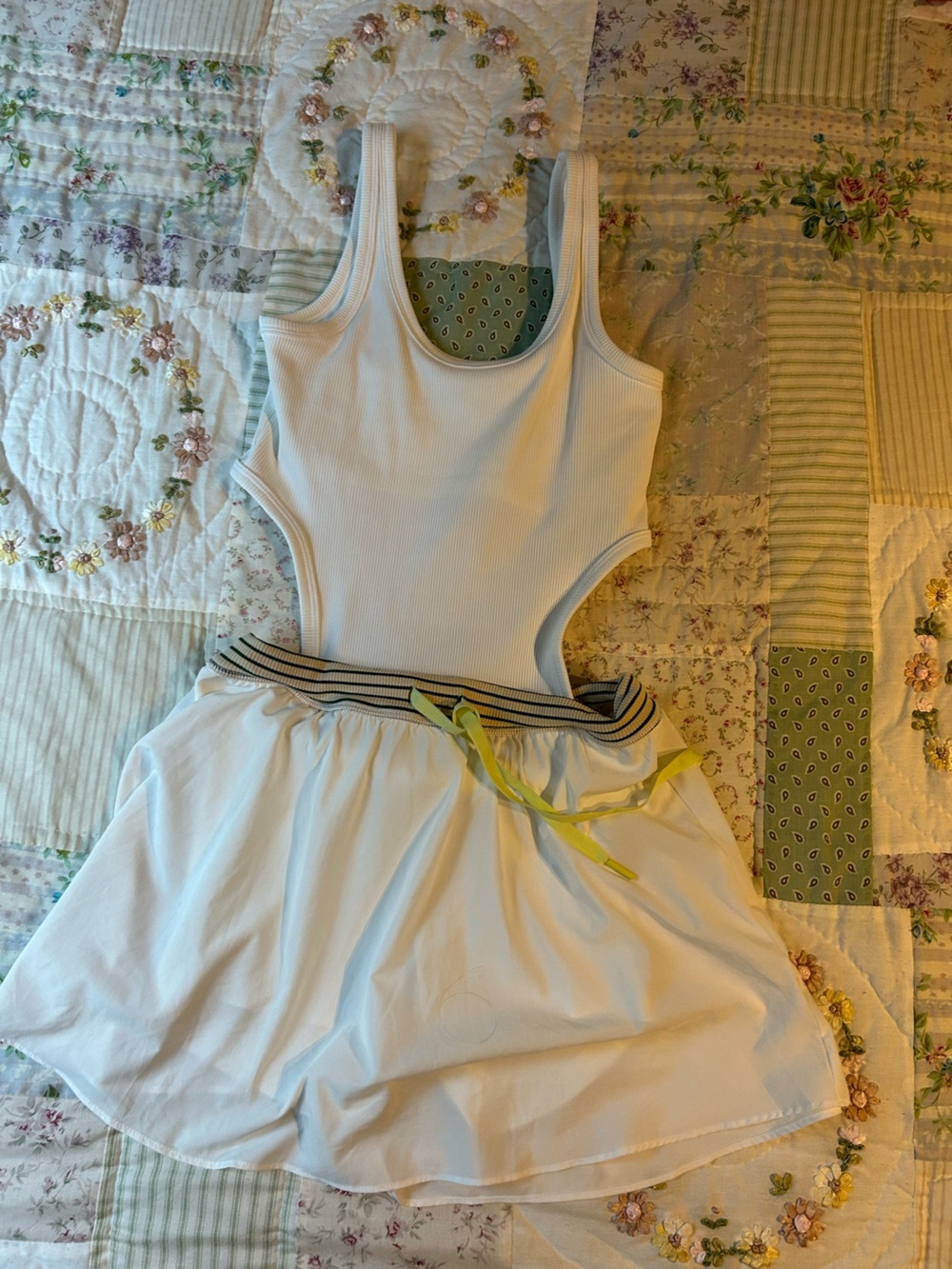 White Women's Cutout Tank Dress with Stripe Waistband